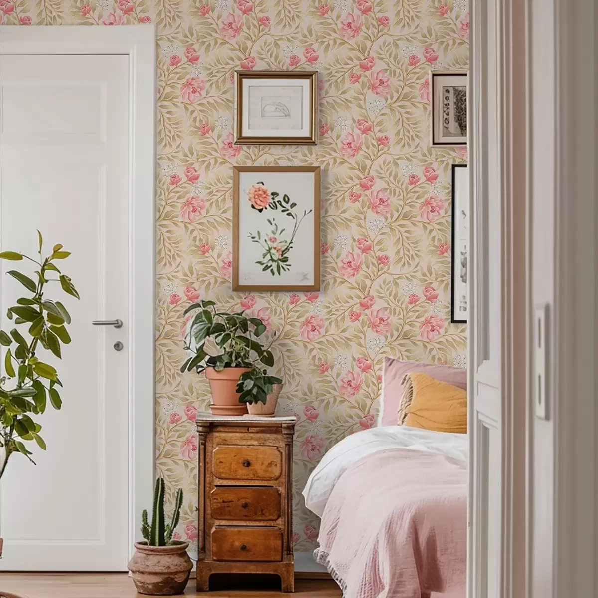 Tapete Rosa Blüten, weiße Blüten und ockerfarbenes Laub a00855