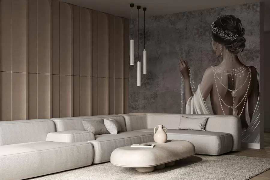 Fototapete Frau von hinten gesehen mit Perlen, grauer Hintergrund mit Steinmuster w04854