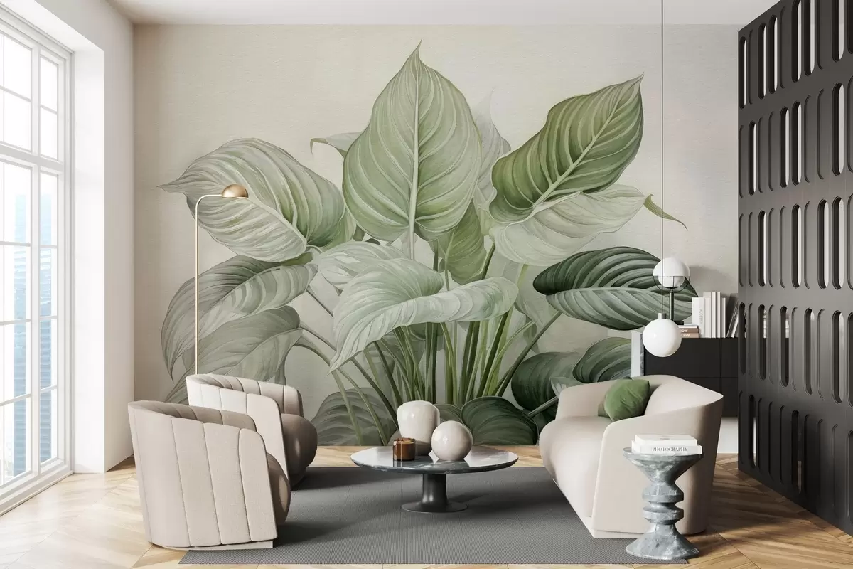 Fototapete Üppiger Busch mit grünen Blättern an der Wand w04835