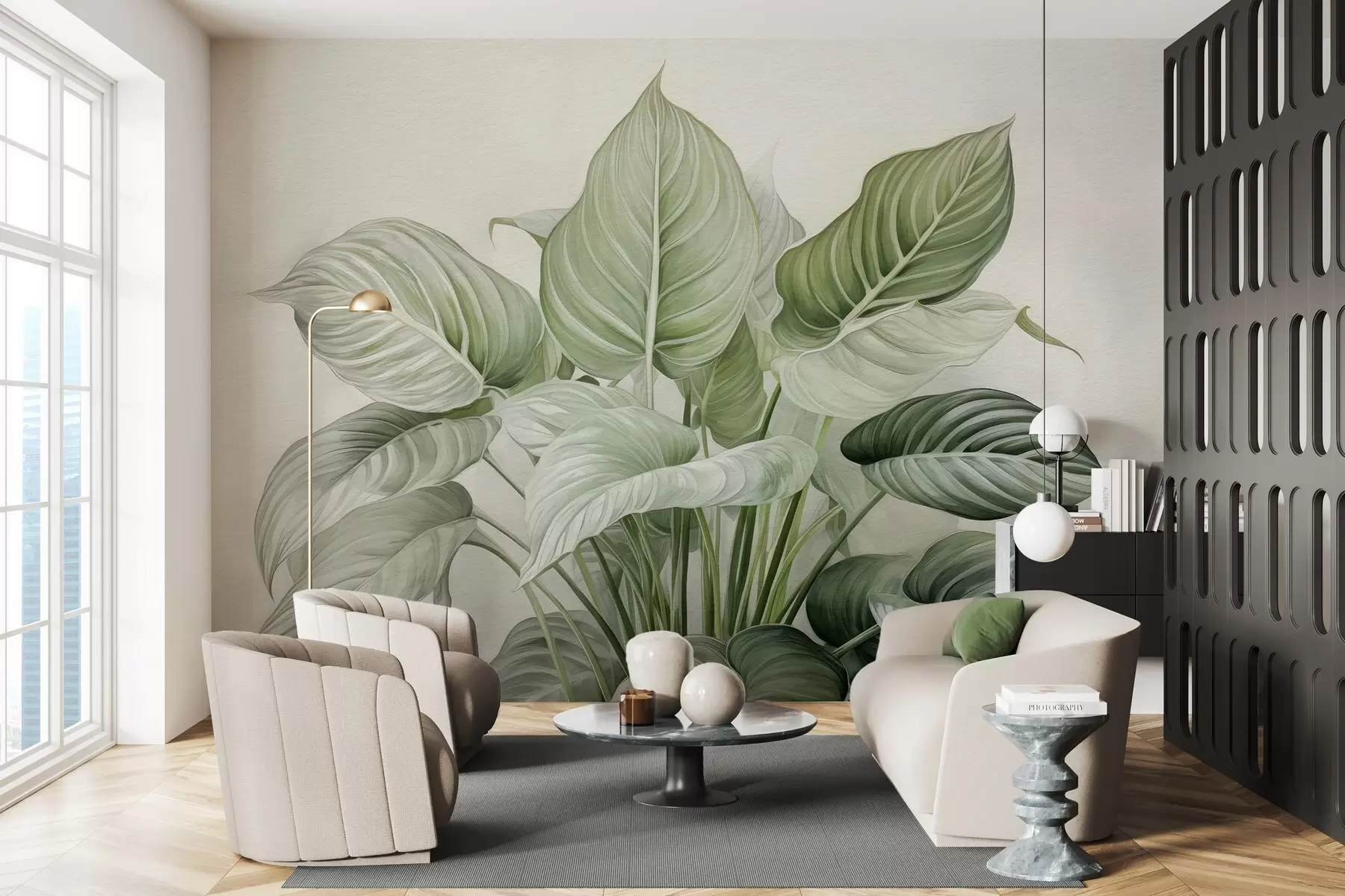 Fototapete Üppiger Busch mit grünen Blättern an der Wand w04835