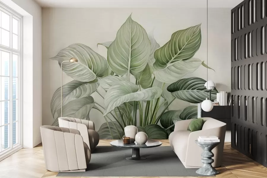 Fototapete Üppiger Busch mit grünen Blättern an der Wand w04835