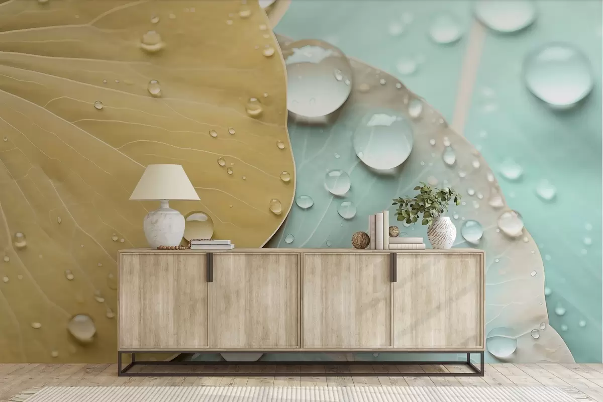 Fototapete Wassertropfen auf Blättern Makro-Aquarell w04838v1