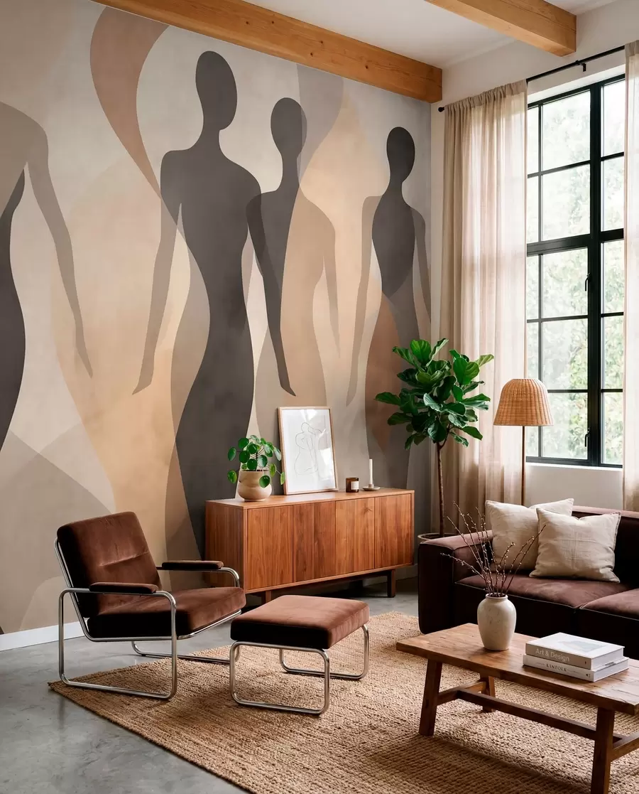 Fototapete Silhouetten und sanfte Wellen in warmen Beige-Grau-Tönen w04787