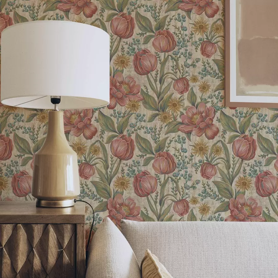 Fototapete Vintage-Tulpen und Astern, strukturierter cremefarbener Hintergrund a00773