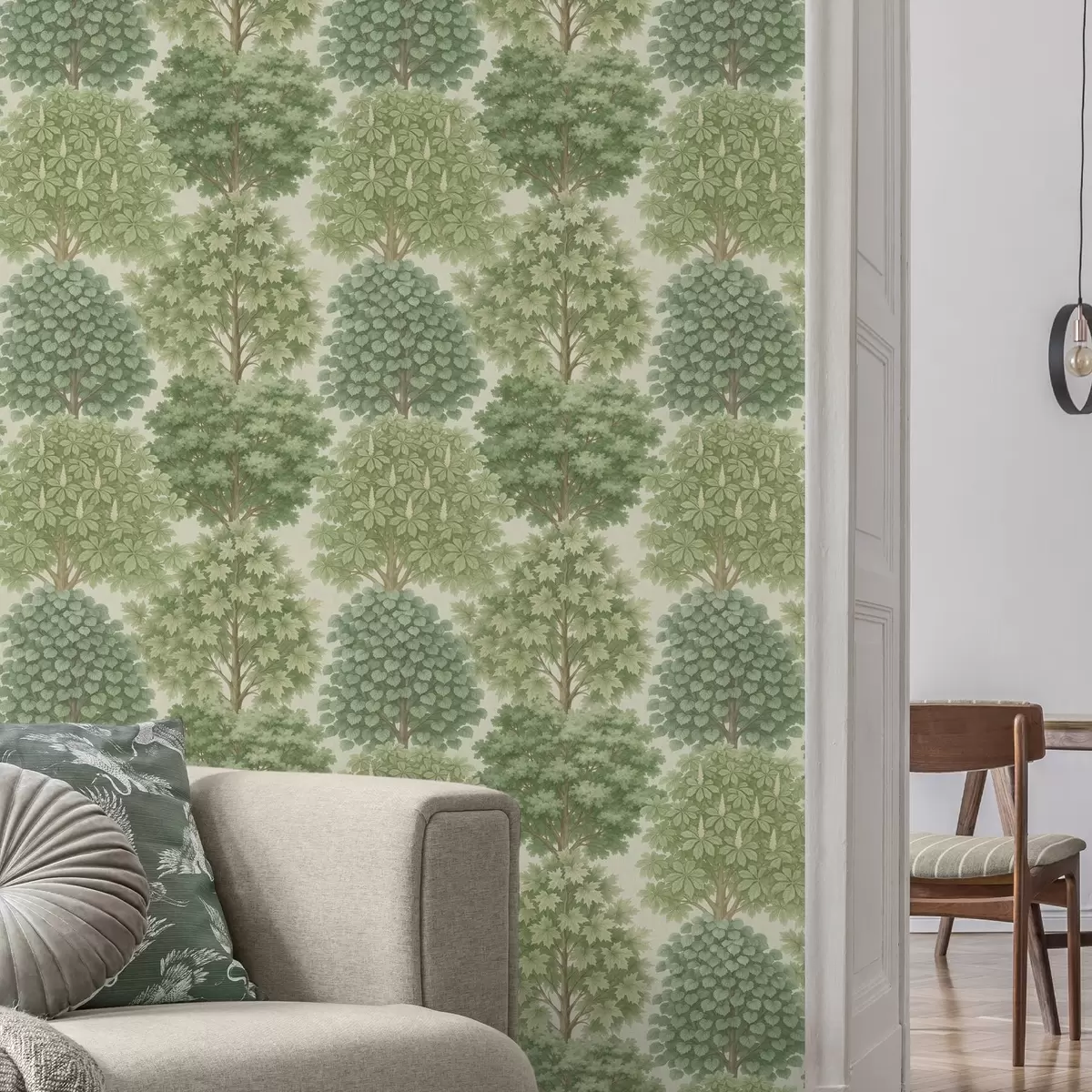 Tapete Baumgarten in sanften Grüntönen auf hellem Untergrund a00775