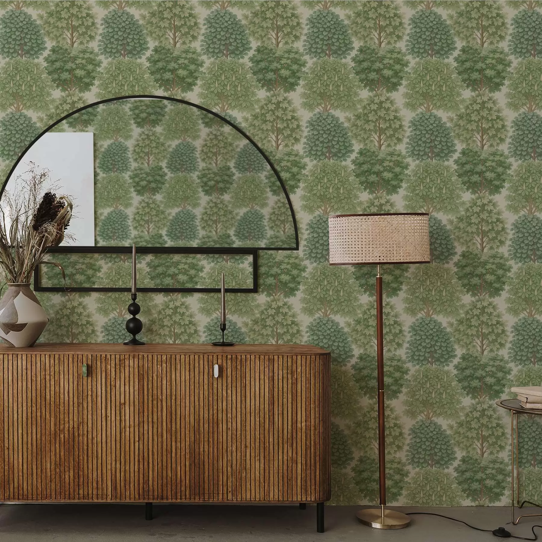 Fototapete Baumgarten in sanften Grüntönen auf hellem Untergrund a00775