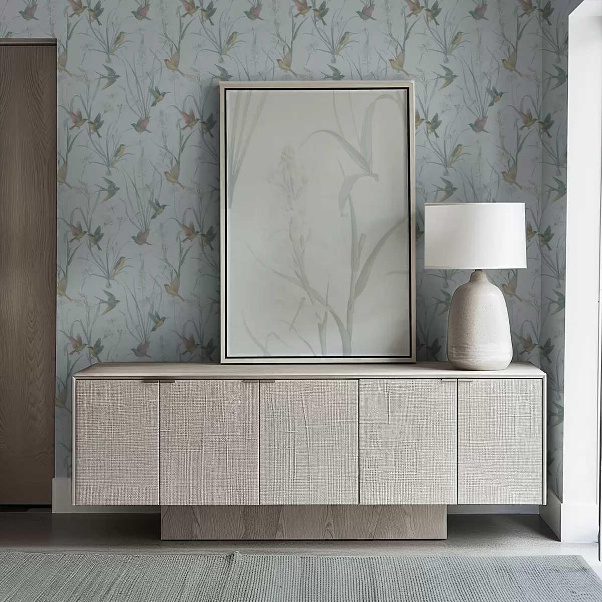 Tapete Vögel zwischen Wiesengräsern auf grau-blauem Boden a00776