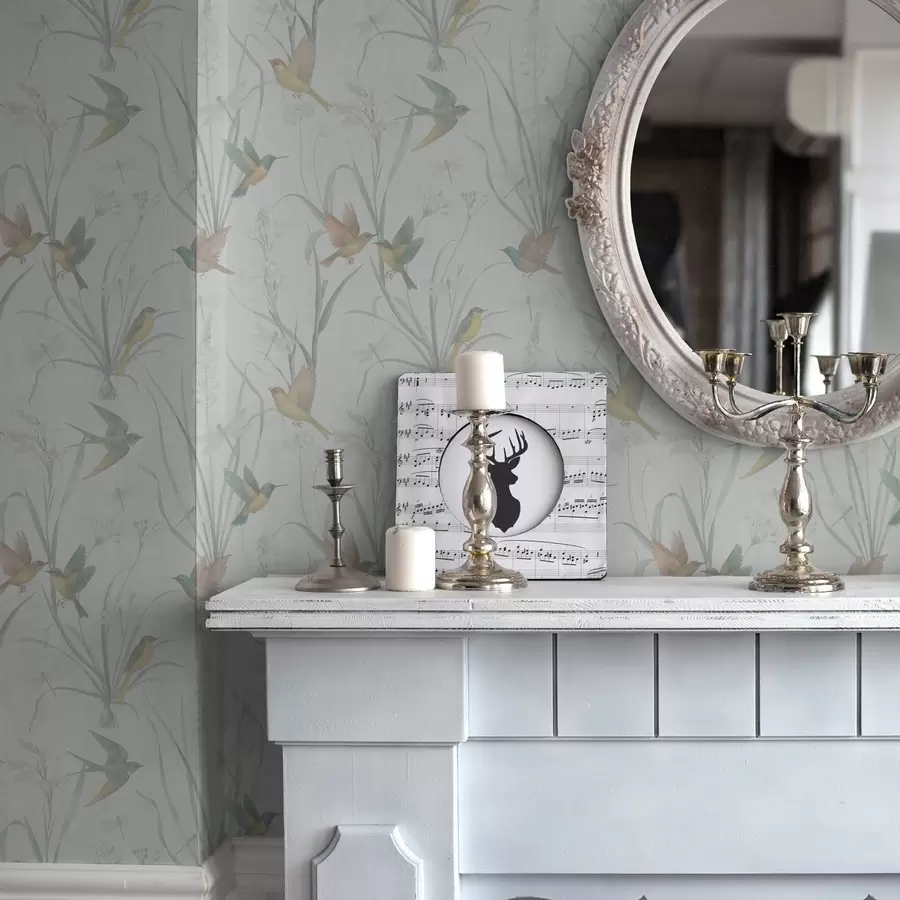 Fototapete Vögel zwischen Wiesengräsern auf hellgrauem Hintergrund a00776v1