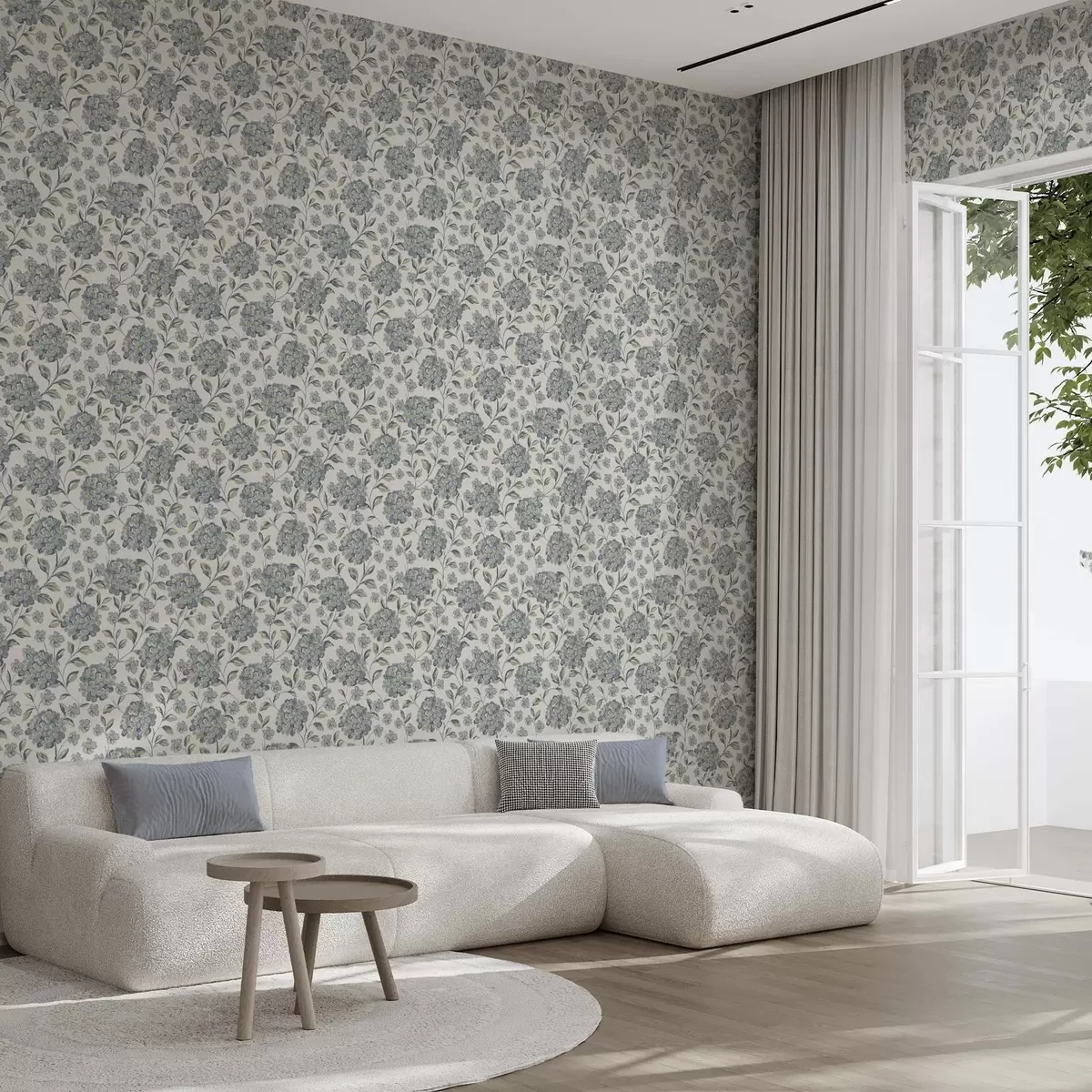 Tapete Buschige Blüten und Blätter in einer grau-blauen Farbpalette a00778