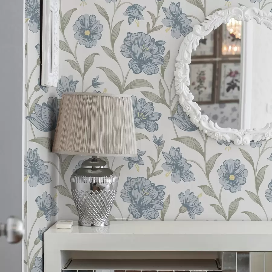 Fototapete Staubblaue Blumen mit Olivenblättern auf weißem Hintergrund a00780