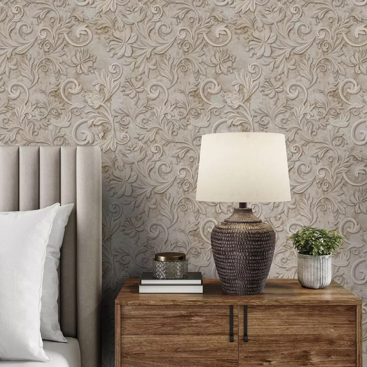 Tapete Steinrelief mit floralen Schnörkeln, Vintage-Beige a00784