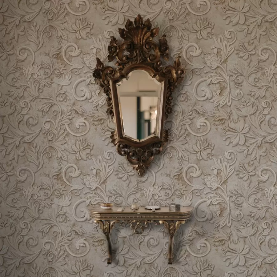Fototapete Steinrelief mit floralen Schnörkeln, Vintage-Beige a00784