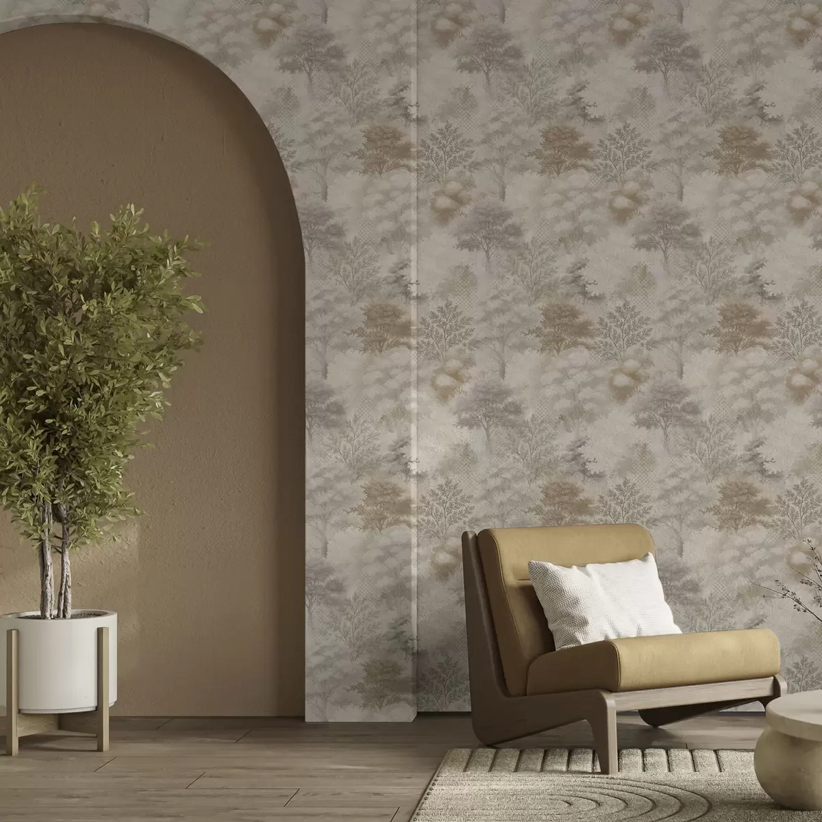 Tapete Sanfter Wald im Nebel, sanfte Beige-Grau-Töne a00785