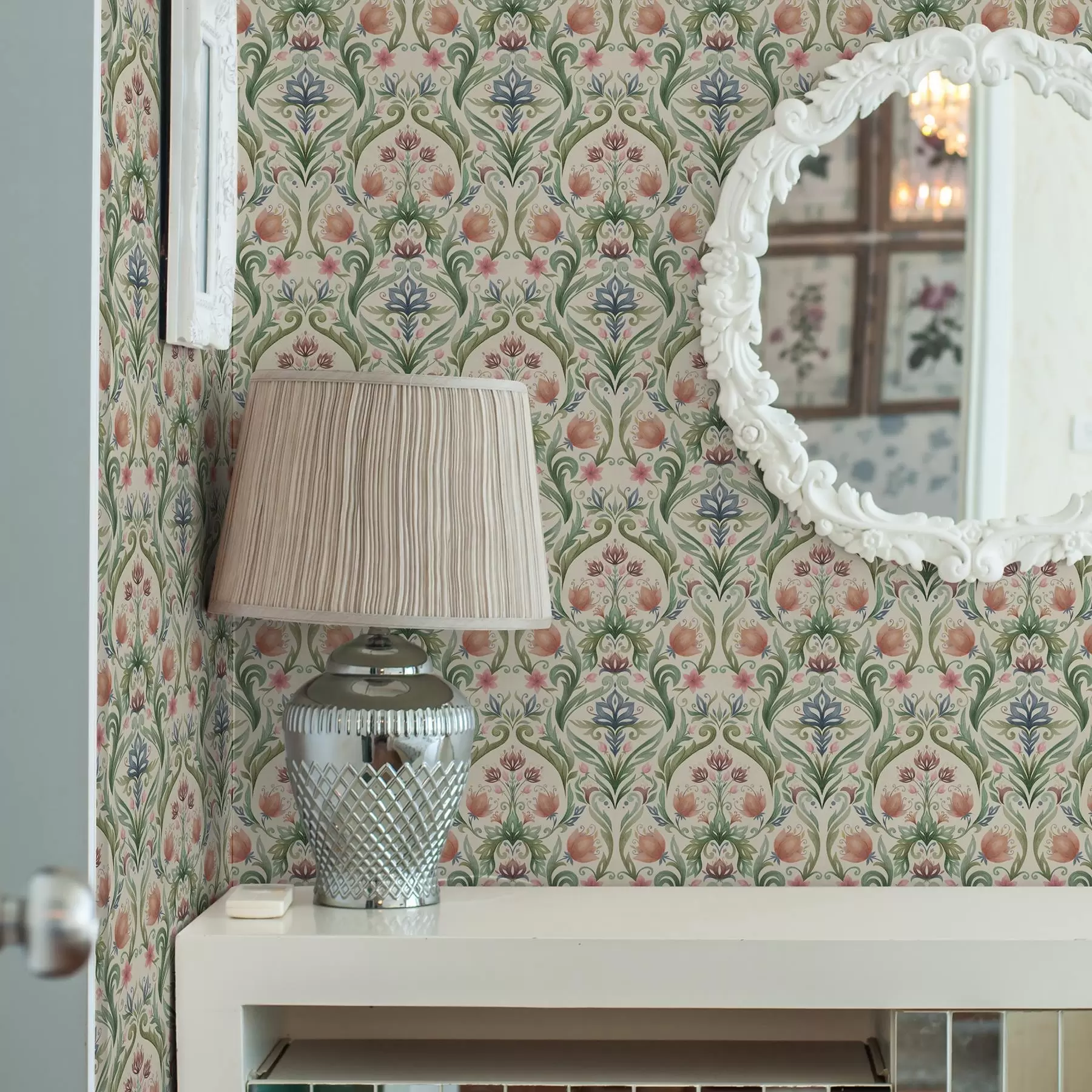 Fototapete Symmetrisches Blumenornament, Terrakotta und Grün a00827