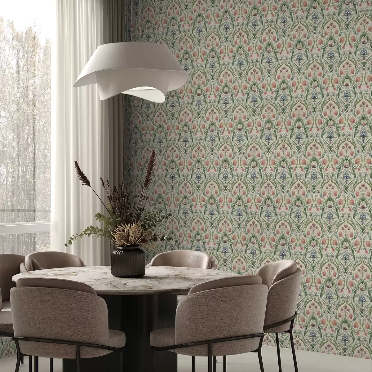 Tapete Symmetrisches Blumenornament, Terrakotta und Grün a00827