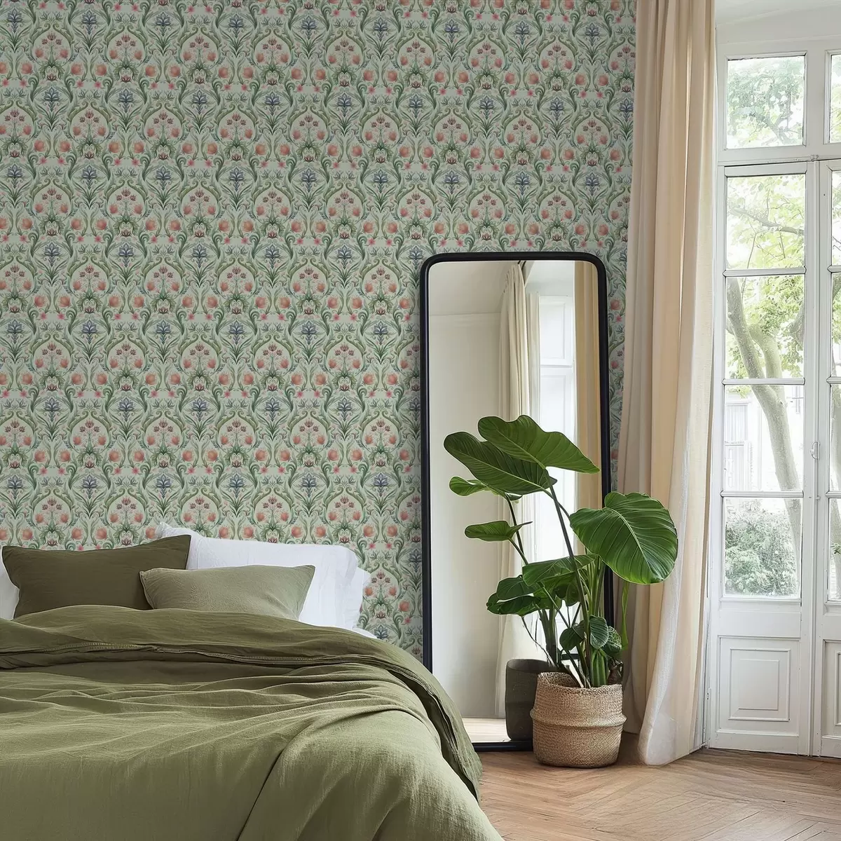 Tapete Symmetrisches Blumenornament, mint-cremefarbene Farbpalette a00827v1