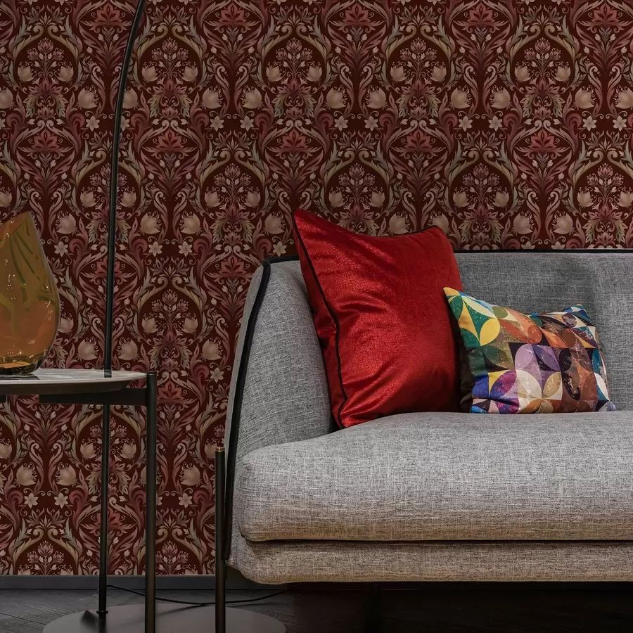 Fototapete Tulpenornament, satter burgunderroter Hintergrund a00827v2