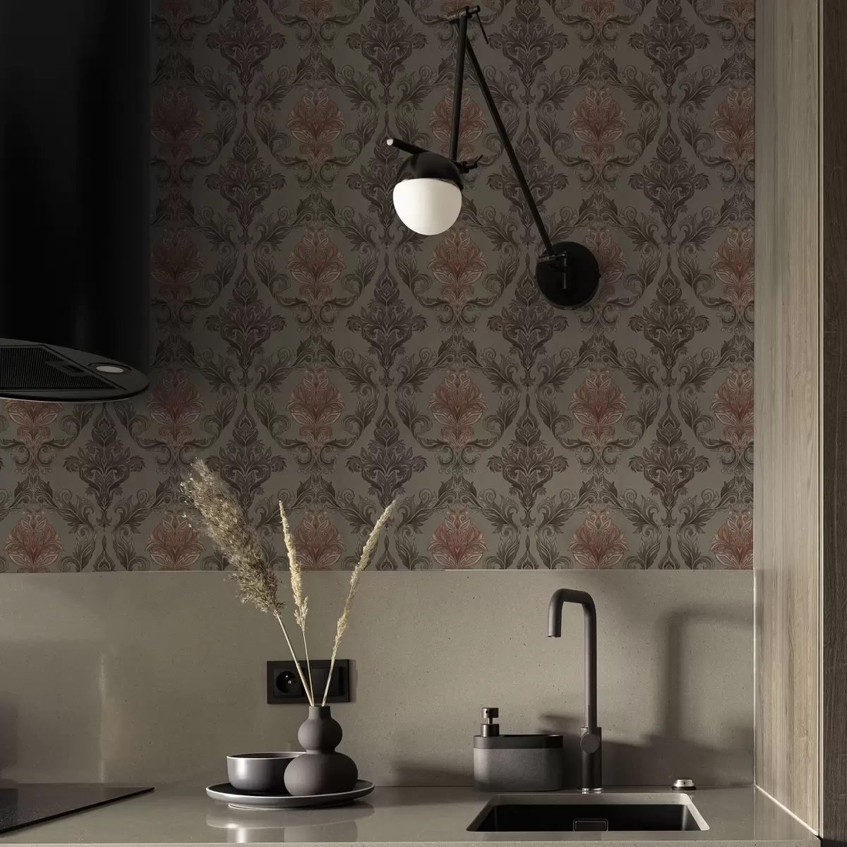 Tapete Terrakotta-Damast auf gedecktem Olivgrün a00828v3