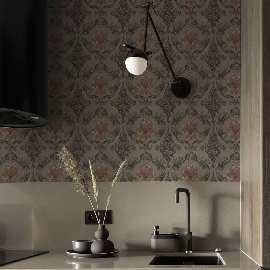 Fototapete Terrakotta-Damast auf gedecktem Olivgrün a00828v3