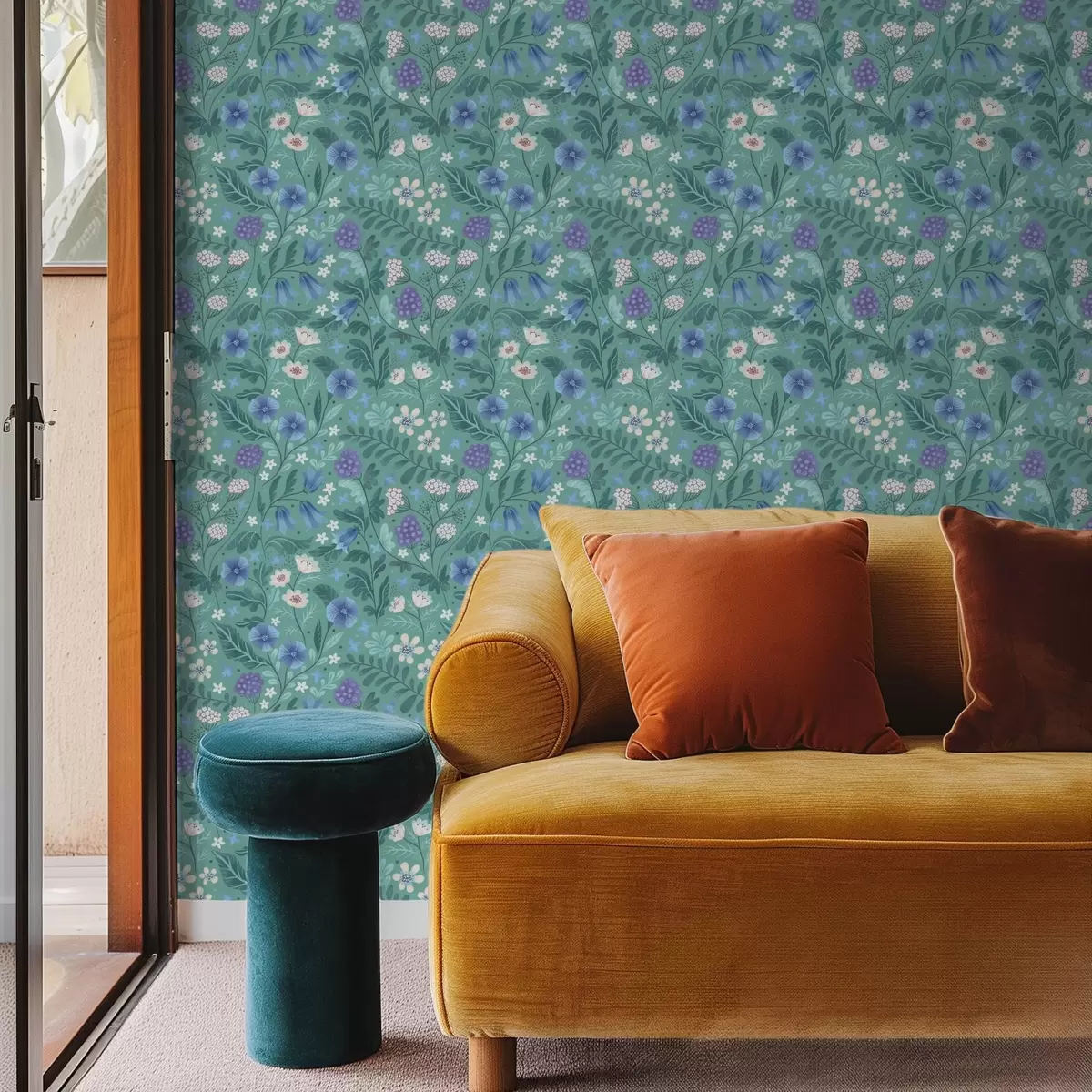 Tapete Wildblumen und Beeren auf sanftem Minzhintergrund a00849