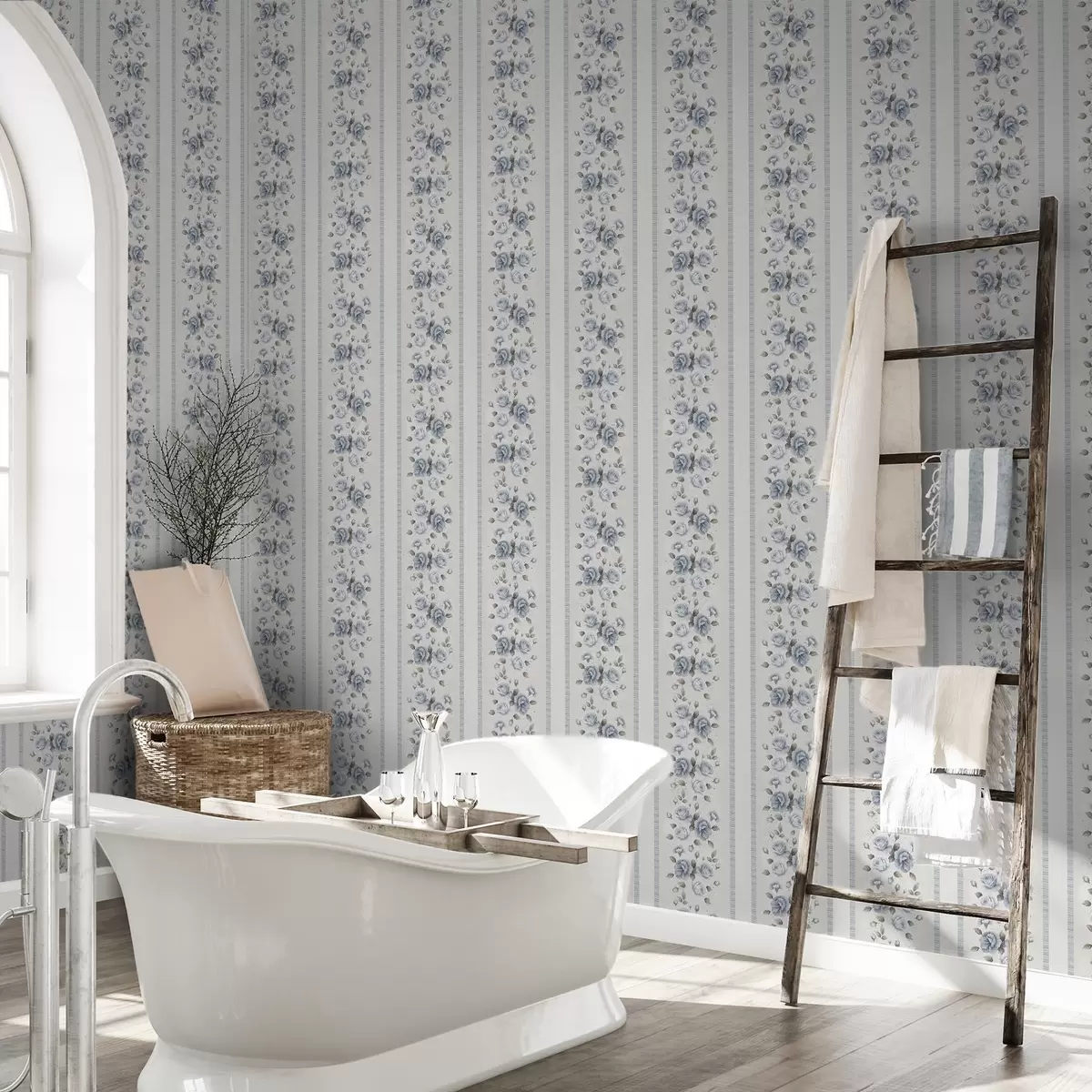 Tapete Blaue Rosen in vertikalen Streifen auf hellem Hintergrund a00860