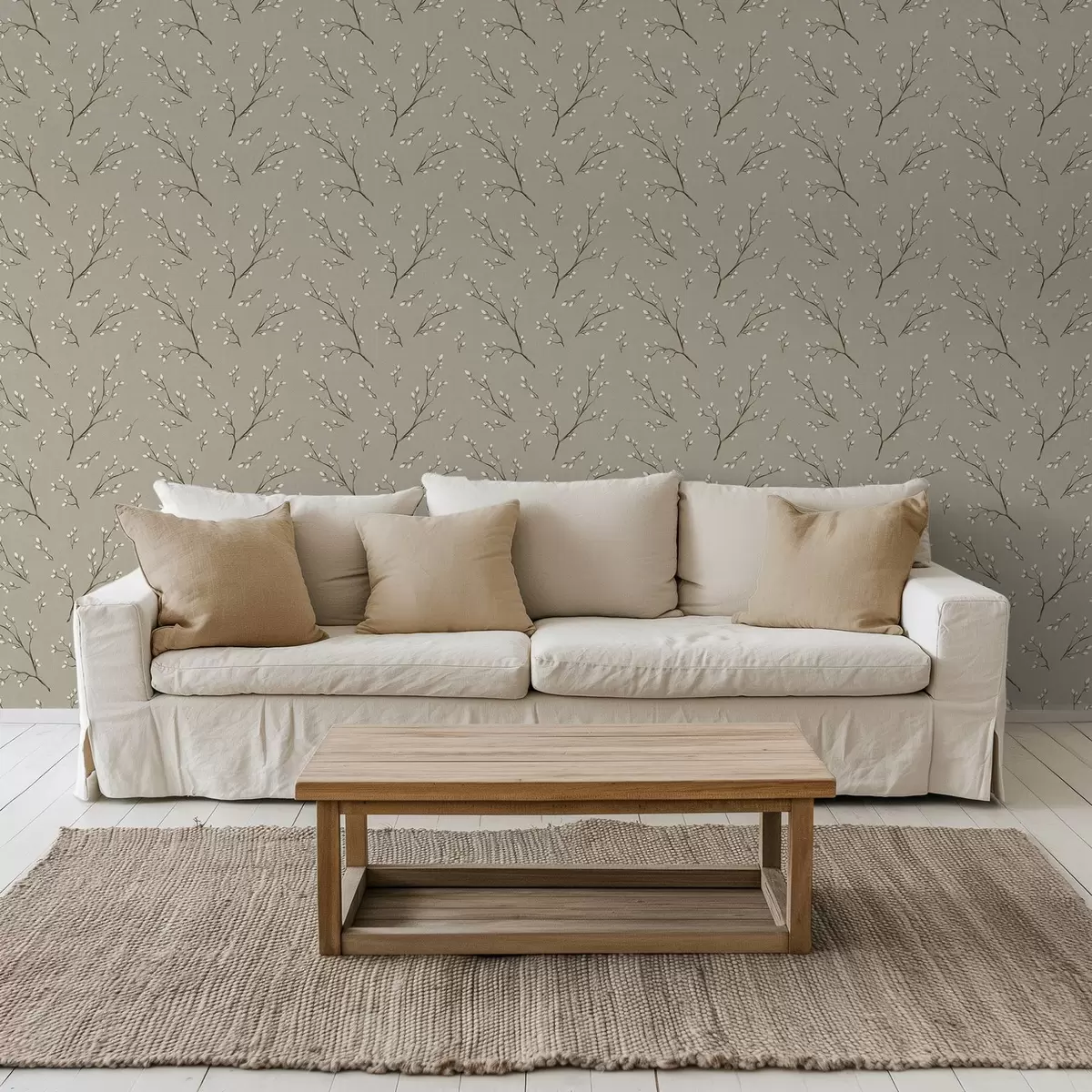 Tapete Zweige mit weißen Knospen auf taupefarbenem Leinenhintergrund a00861