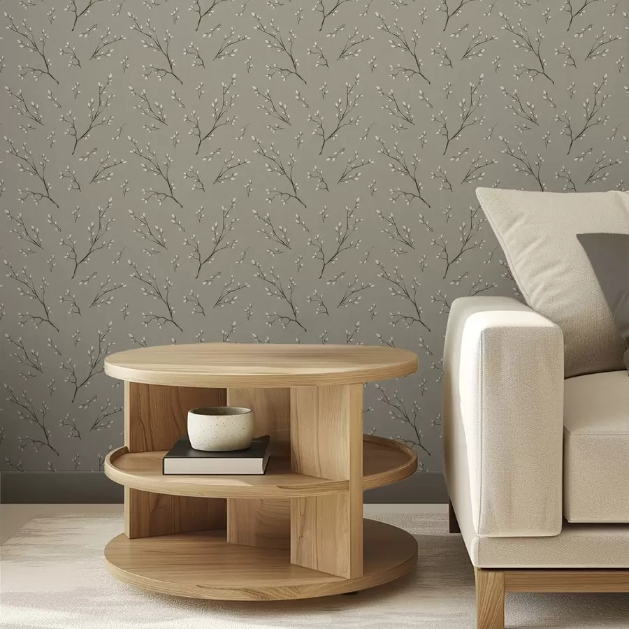 Fototapete Zweige mit weißen Knospen auf taupefarbenem Leinenhintergrund a00861