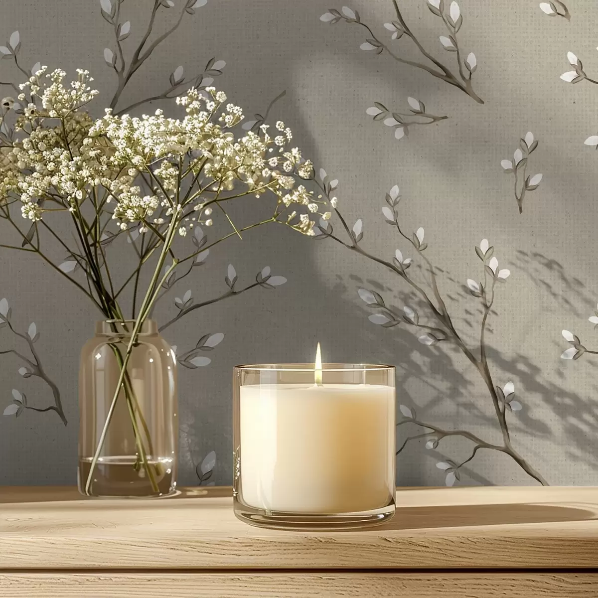 Tapete Zweige mit weißen Knospen auf taupefarbenem Leinenhintergrund a00861