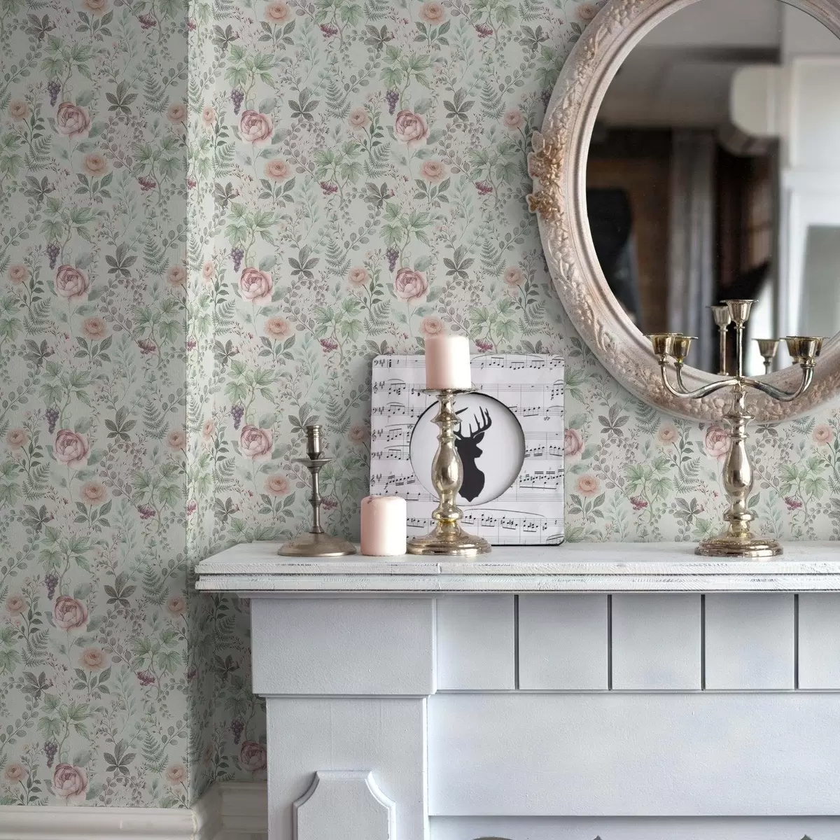 Tapete Pastellfarbener Garten mit Rosen, Farnen und Trauben a00867