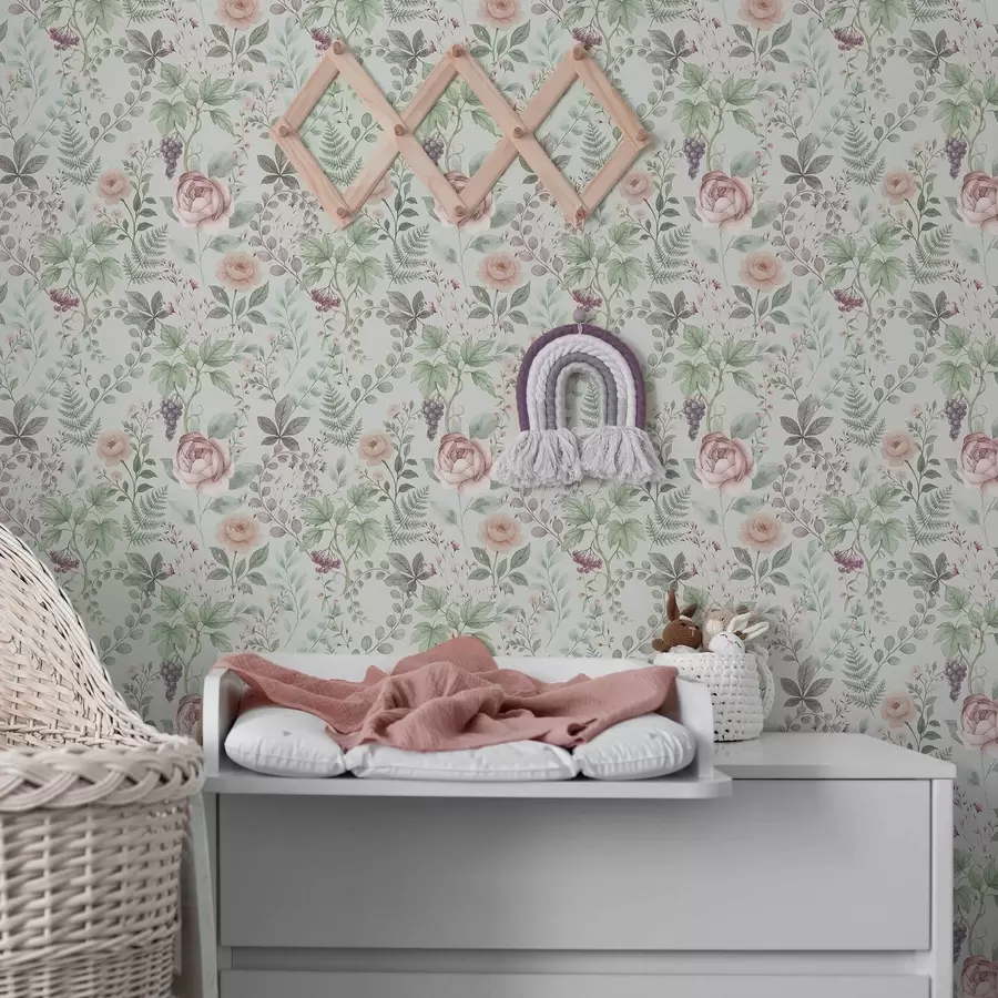 Fototapete Pastellfarbener Garten mit Rosen, Farnen und Trauben a00867