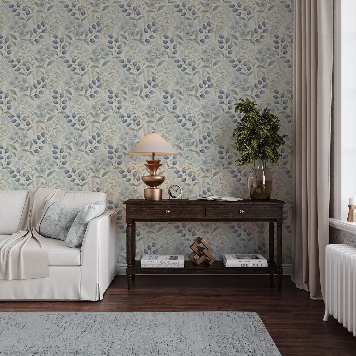 Tapete Blaue Beeren und helle Blüten auf Elfenbein a00872