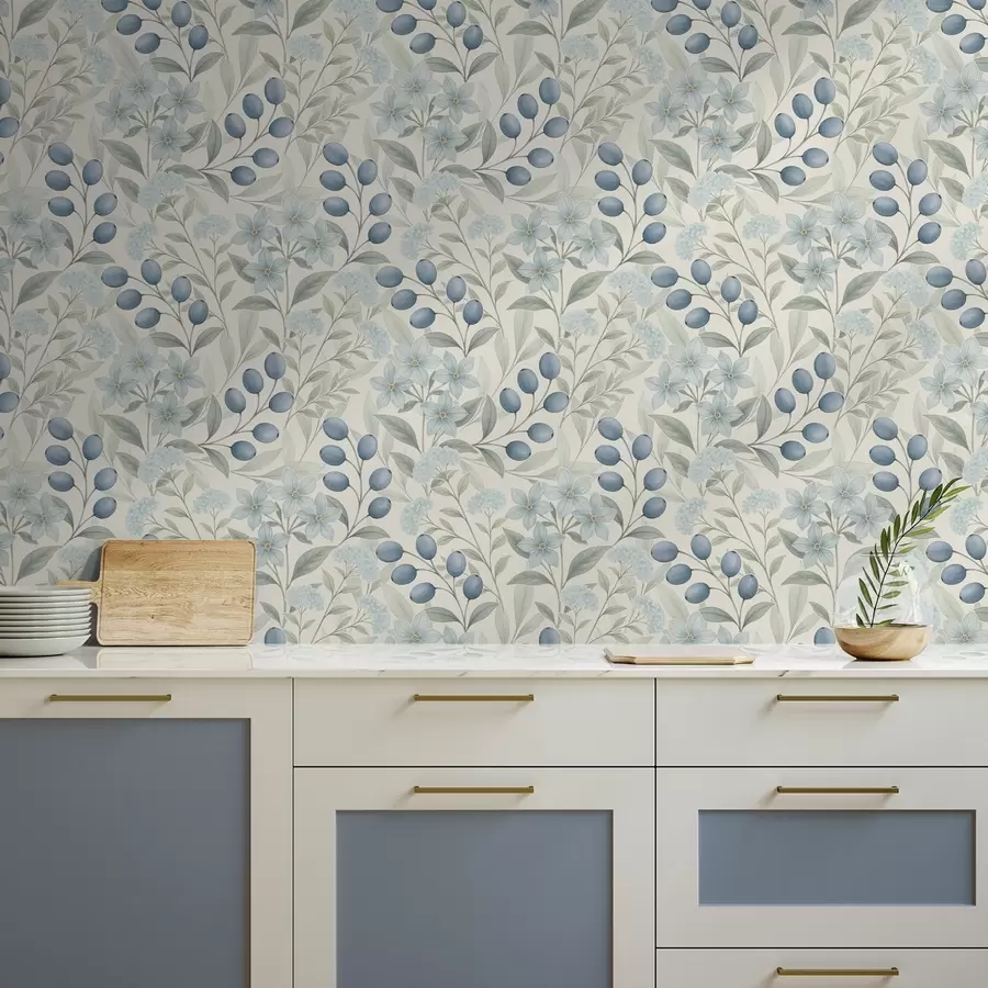 Fototapete Blaue Beeren und helle Blüten auf Elfenbein a00872