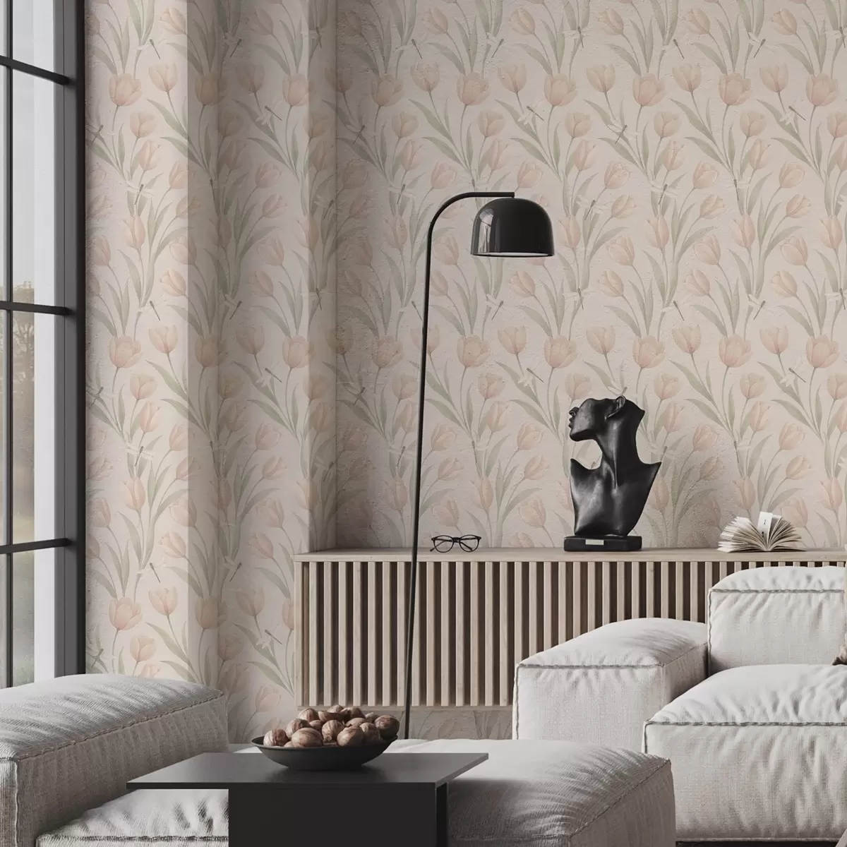 Tapete Pastellfarbene Tulpen mit Libellen auf Blush a00876