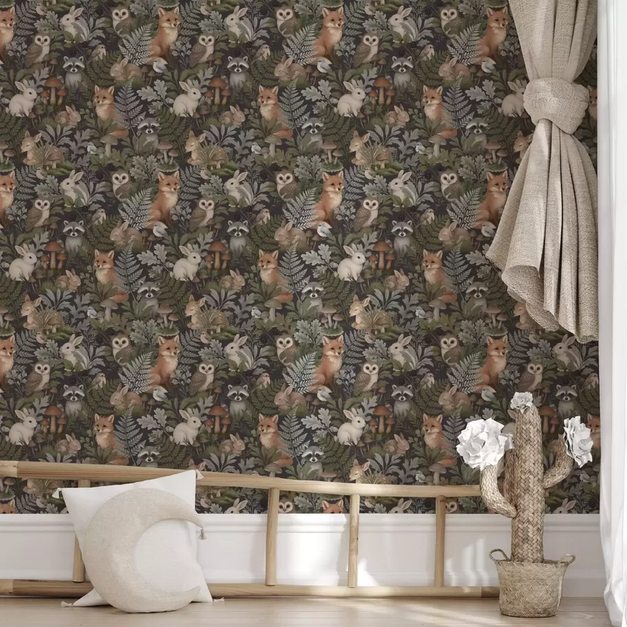 Fototapete Waldtiere und Farne auf tiefem Anthrazit a00880