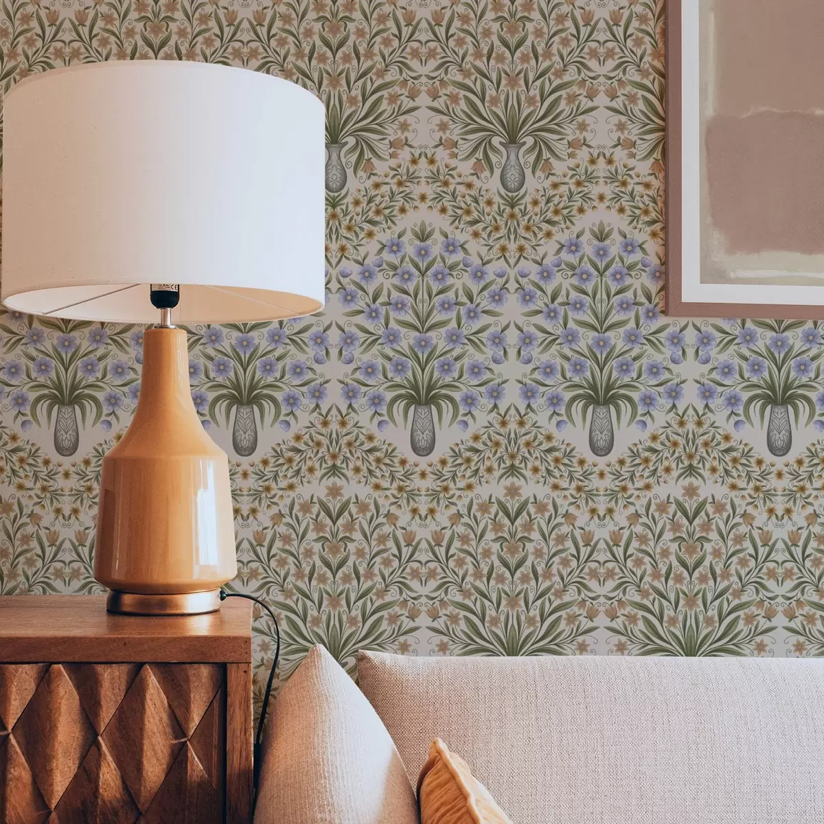 Tapete Volksvasen mit blauen Blüten und Olivenblättern auf rosa Hintergrund a00900