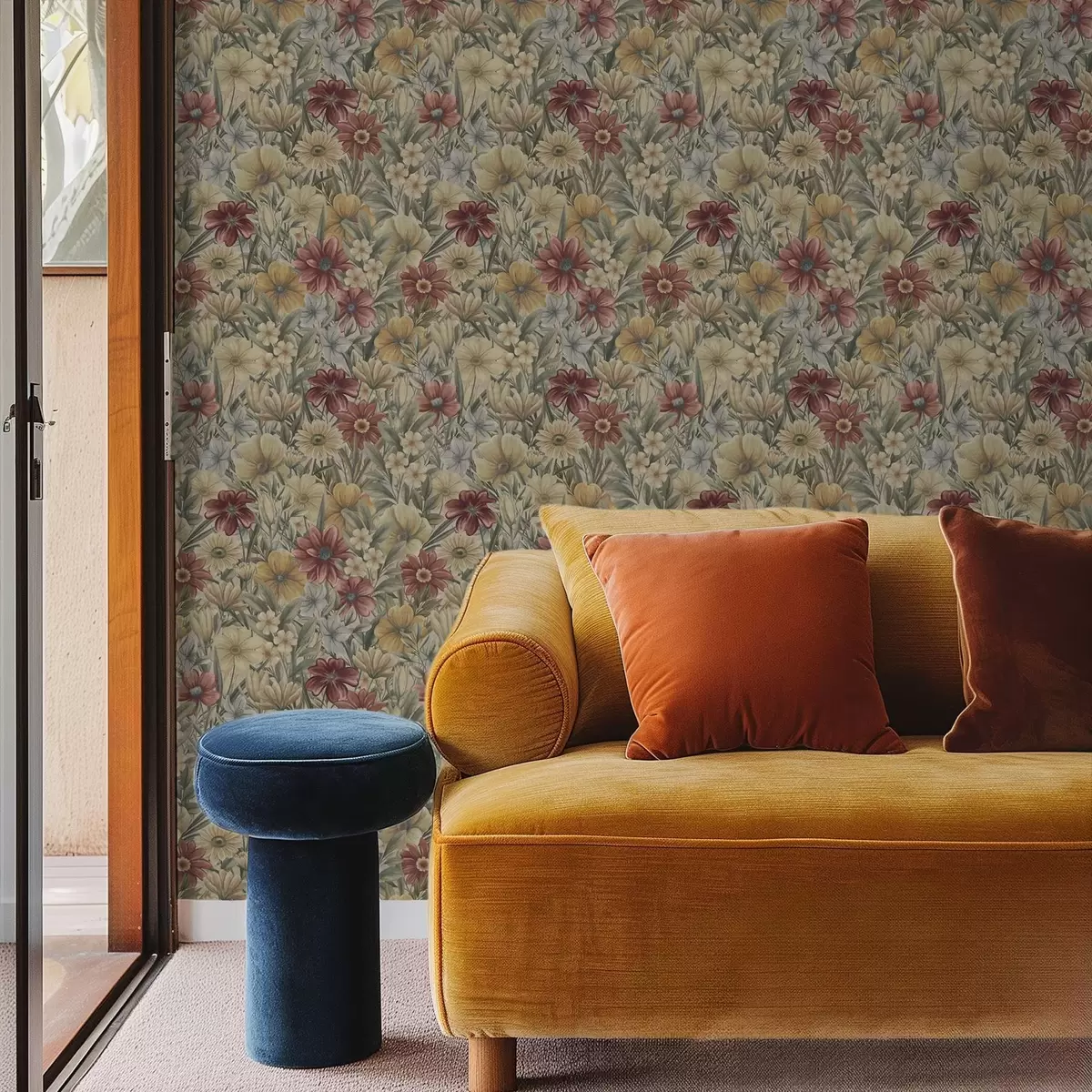 Tapete Vintage-Wiesenblumen in warmen Gelb-, Rot- und Salbeifarben a00906