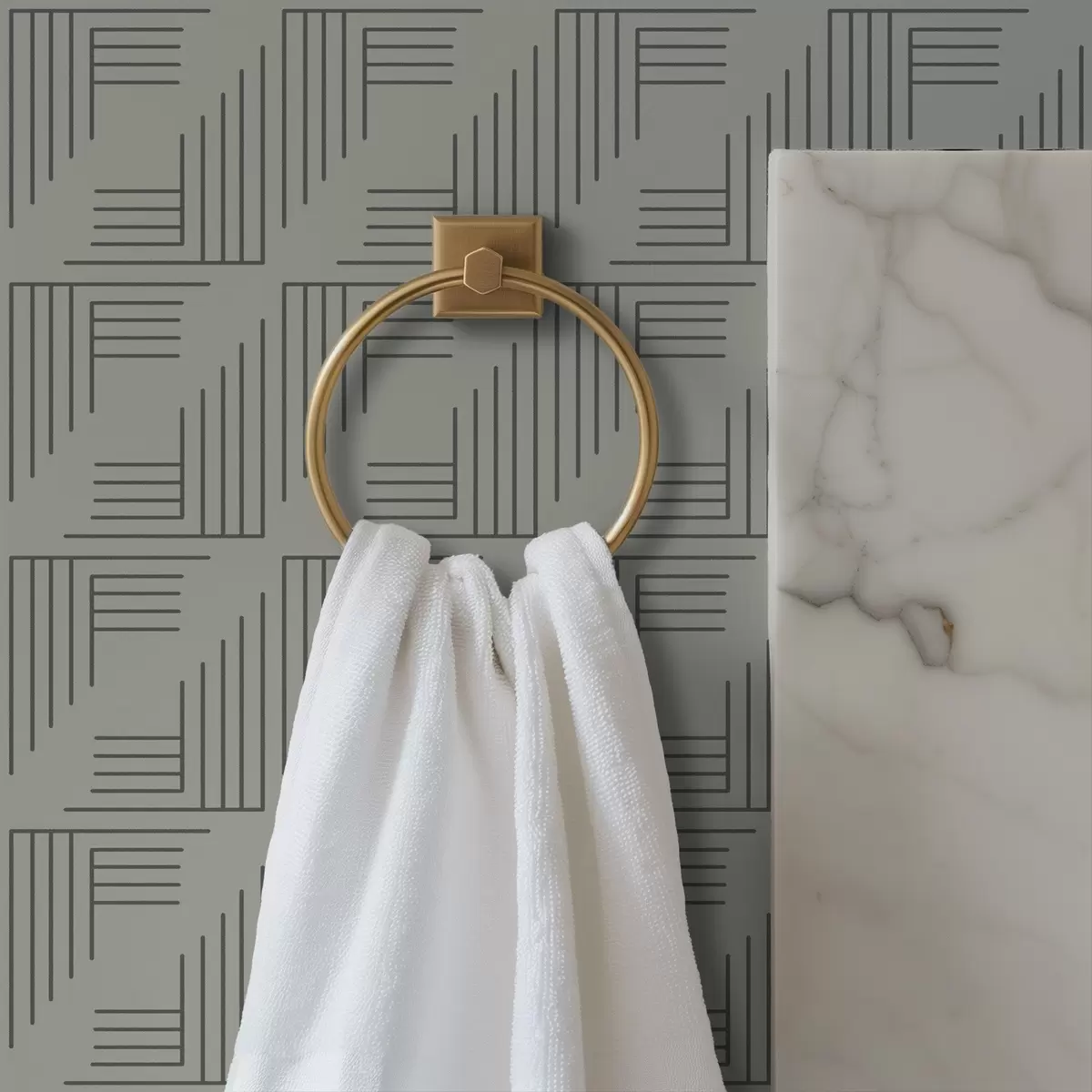 Tapete Lineare Eckblöcke, die Quadrate auf warmem Grau bilden a00907