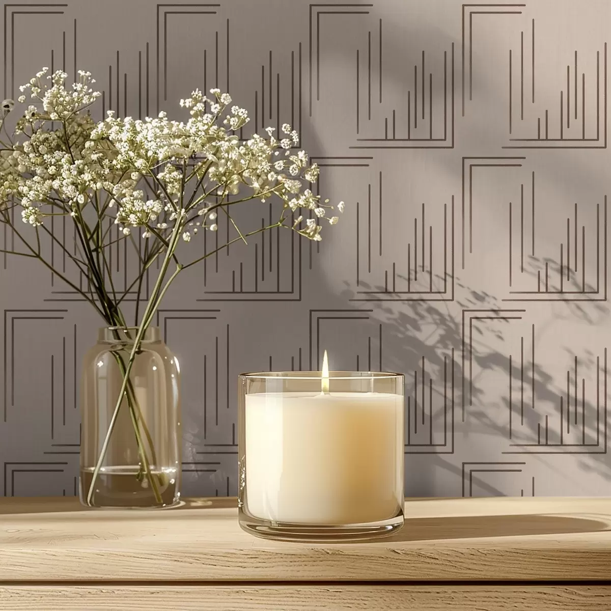 Tapete Kakao-Linienarbeit Eckquadrate auf warmem Beige a00910