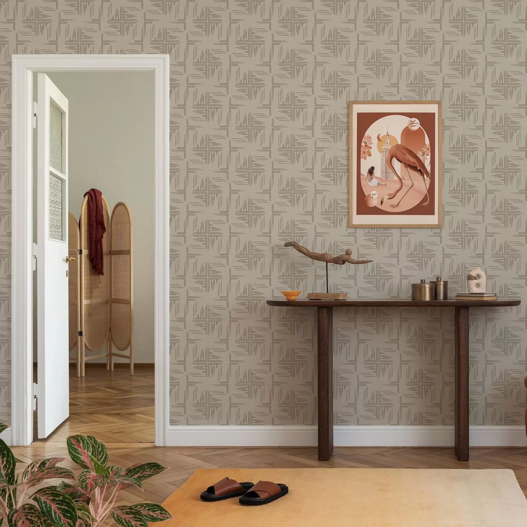 Fototapete Versetzte Kakaoschalen-Eckblöcke mit verstreuten Linienakzenten, beige a00912