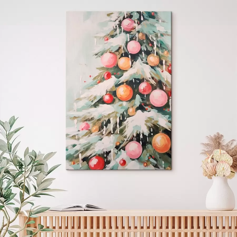 Wandbilder Weihnachtsbaum mit Schnee und rosa Kugeln s46480