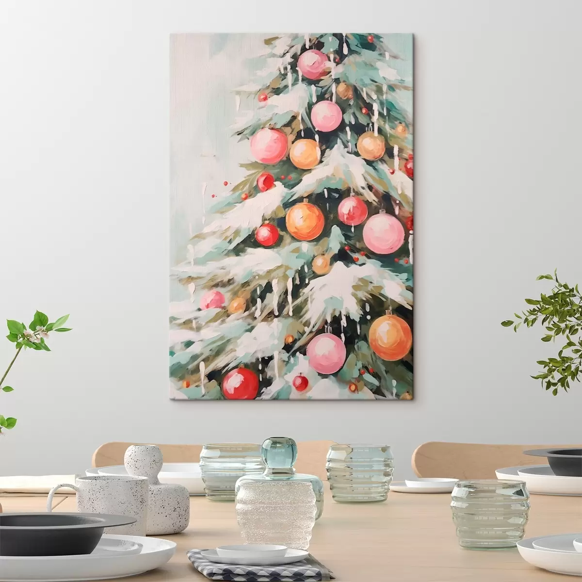 Wandbilder Weihnachtsbaum mit Schnee und rosa Kugeln s46480