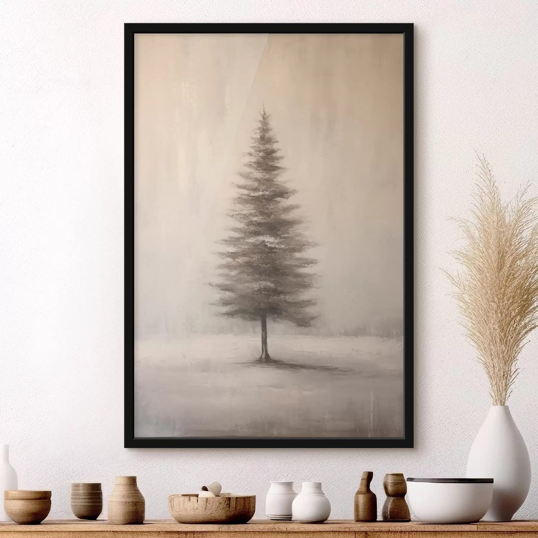 Fototapete Monochrome Tanne. Minimalistische Winterlandschaft f46465