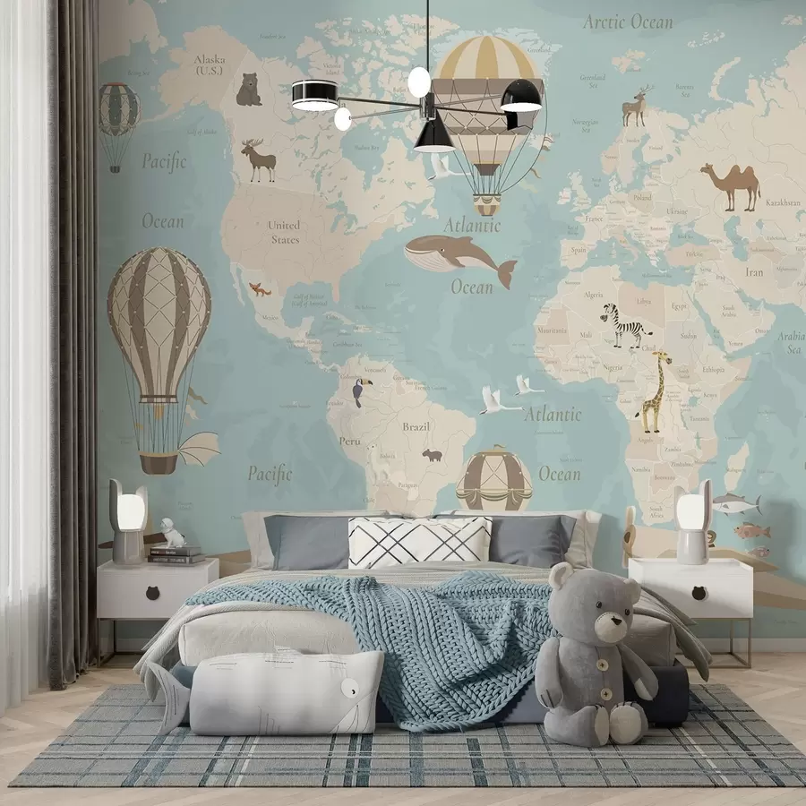Fototapete Kinderweltkarte mit Tieren, Flugzeugen und Heißluftballons. Englische Sprache. Blaue Farbe c00003env1
