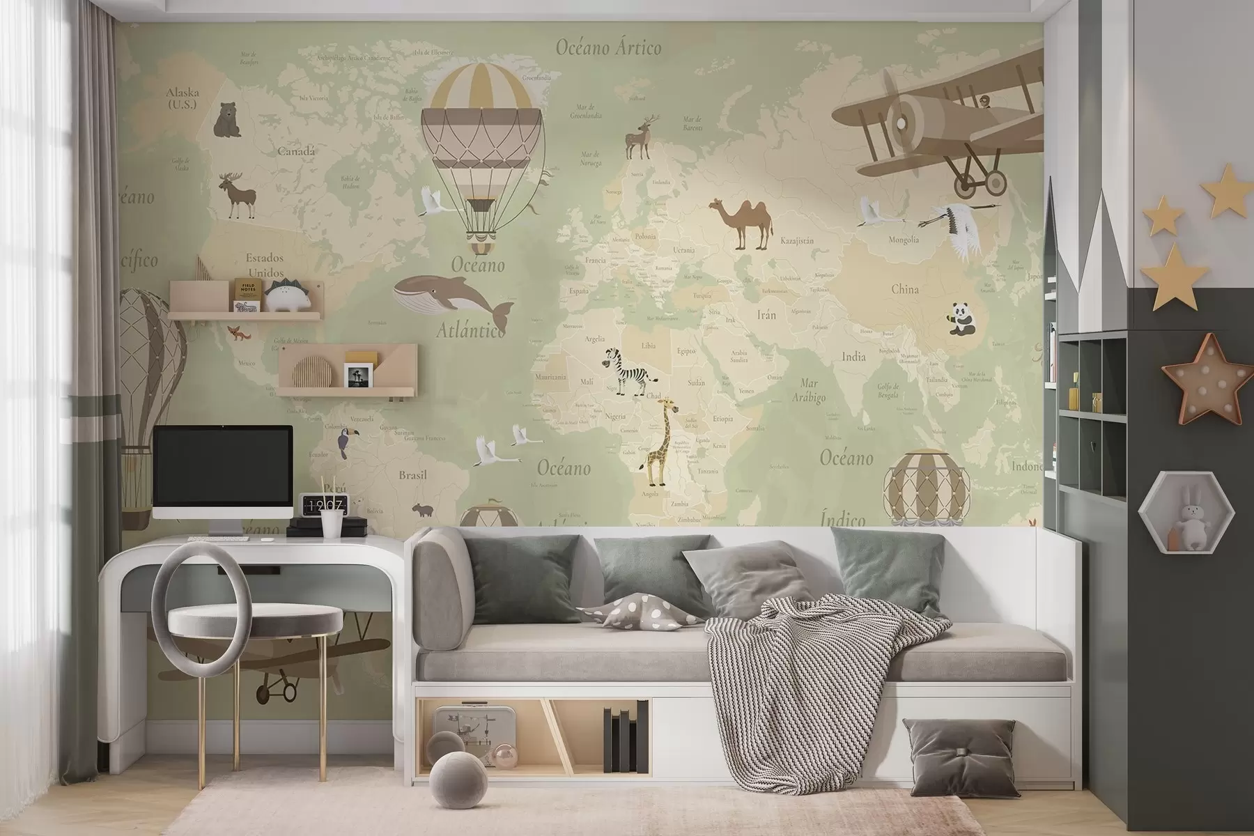 Fototapete Weltkarte für Kinder mit Tieren, Flugzeugen und Heißluftballons. Spanische Sprache. Grüne Farbe. c00003esv2