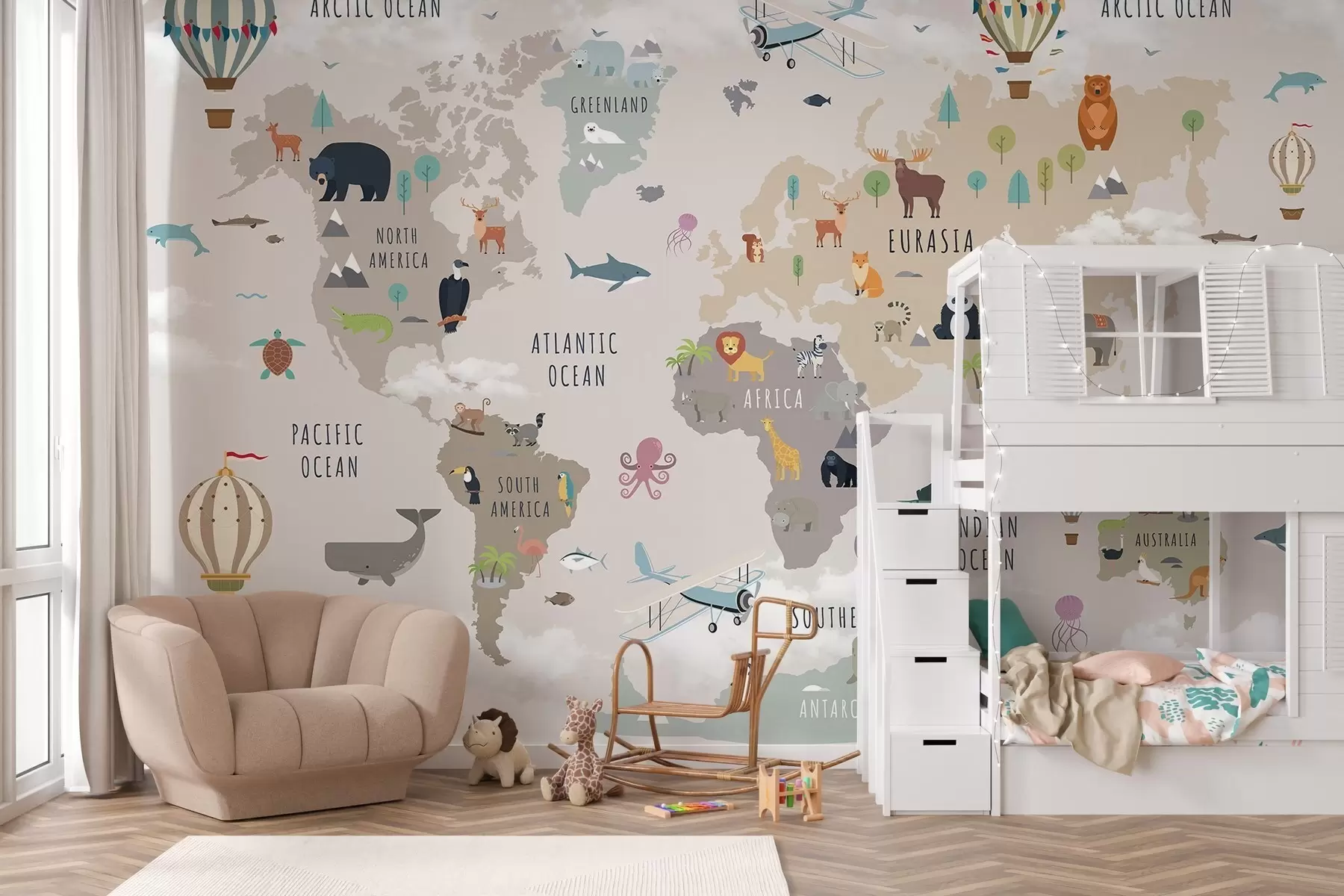 Fototapete Weltkarte für Kinder mit Tieren und Heißluftballons. Englische Sprache c00002en