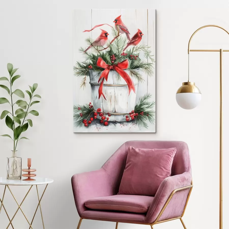 Wandbilder Vögel auf einem Weihnachtstopf s46607