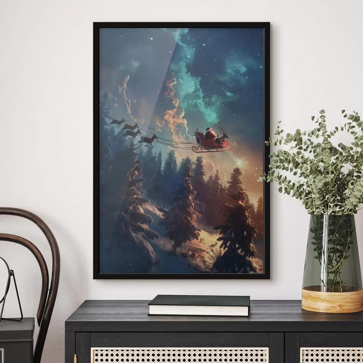 Poster Weihnachtsmann auf Rentier f46602