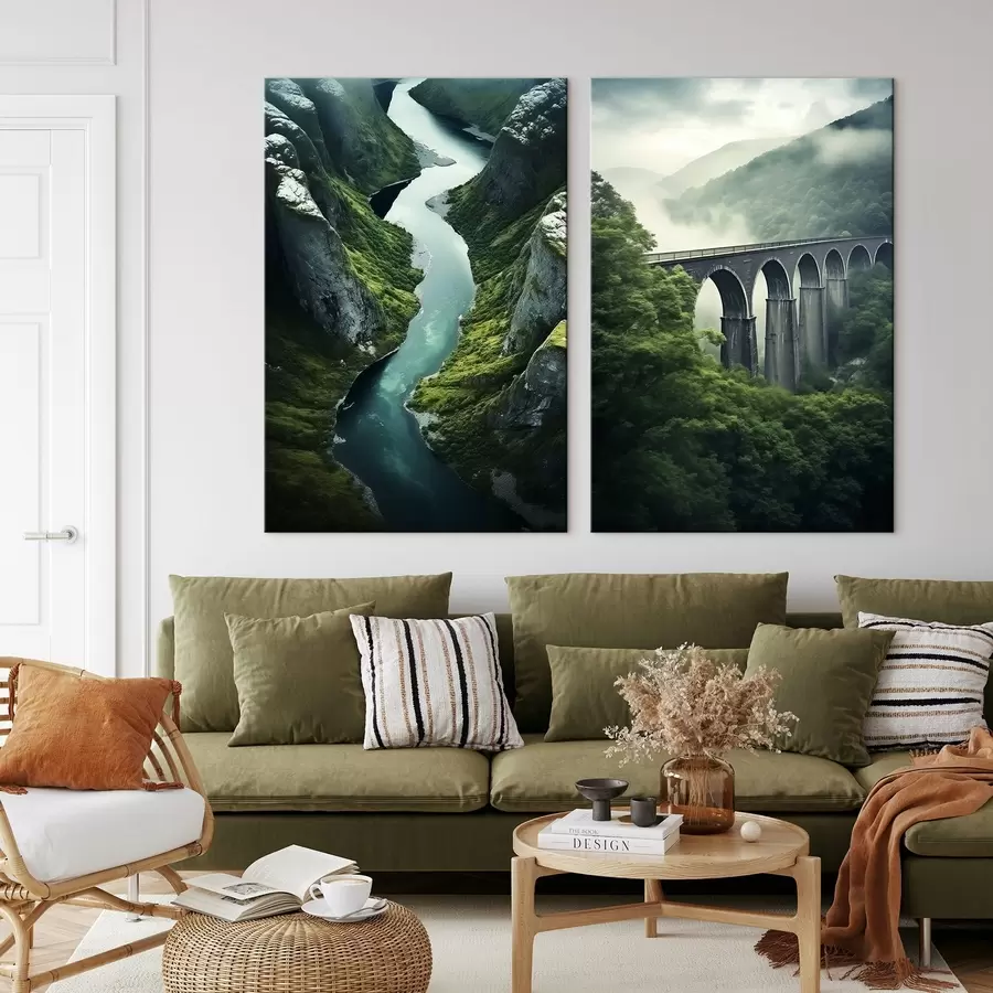 Wandbilder Luftbild einer Flussschlucht und eines nebligen Viadukts inmitten grüner Hügel m00967