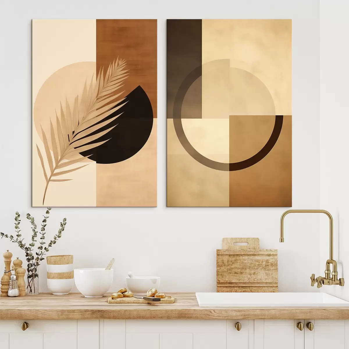 Wandbilder Terrakotta und beige Geometrie mit Palmblattmotiv m00968