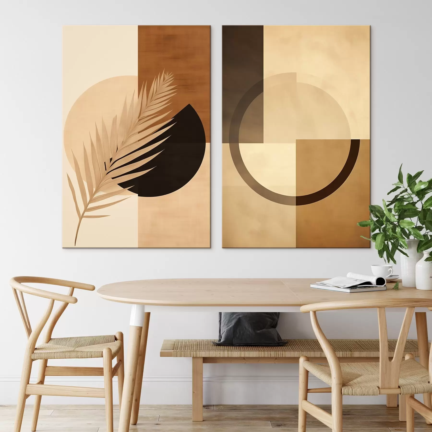 Wandbilder Terrakotta und beige Geometrie mit Palmblattmotiv m00968